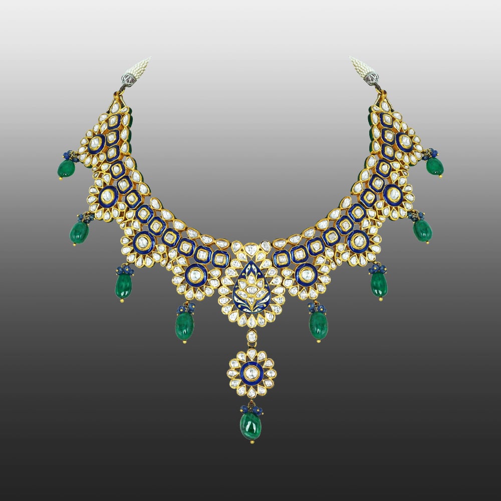 Blue Enamel Polki Necklace with Floral Pendant and Emerald Drops
